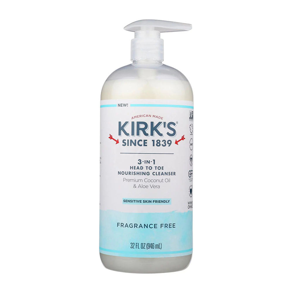 Kirks 3-in-1 Head to Toe Cleanser with Coconut Oil and Aloe Vera, Unscented, 32 Oz